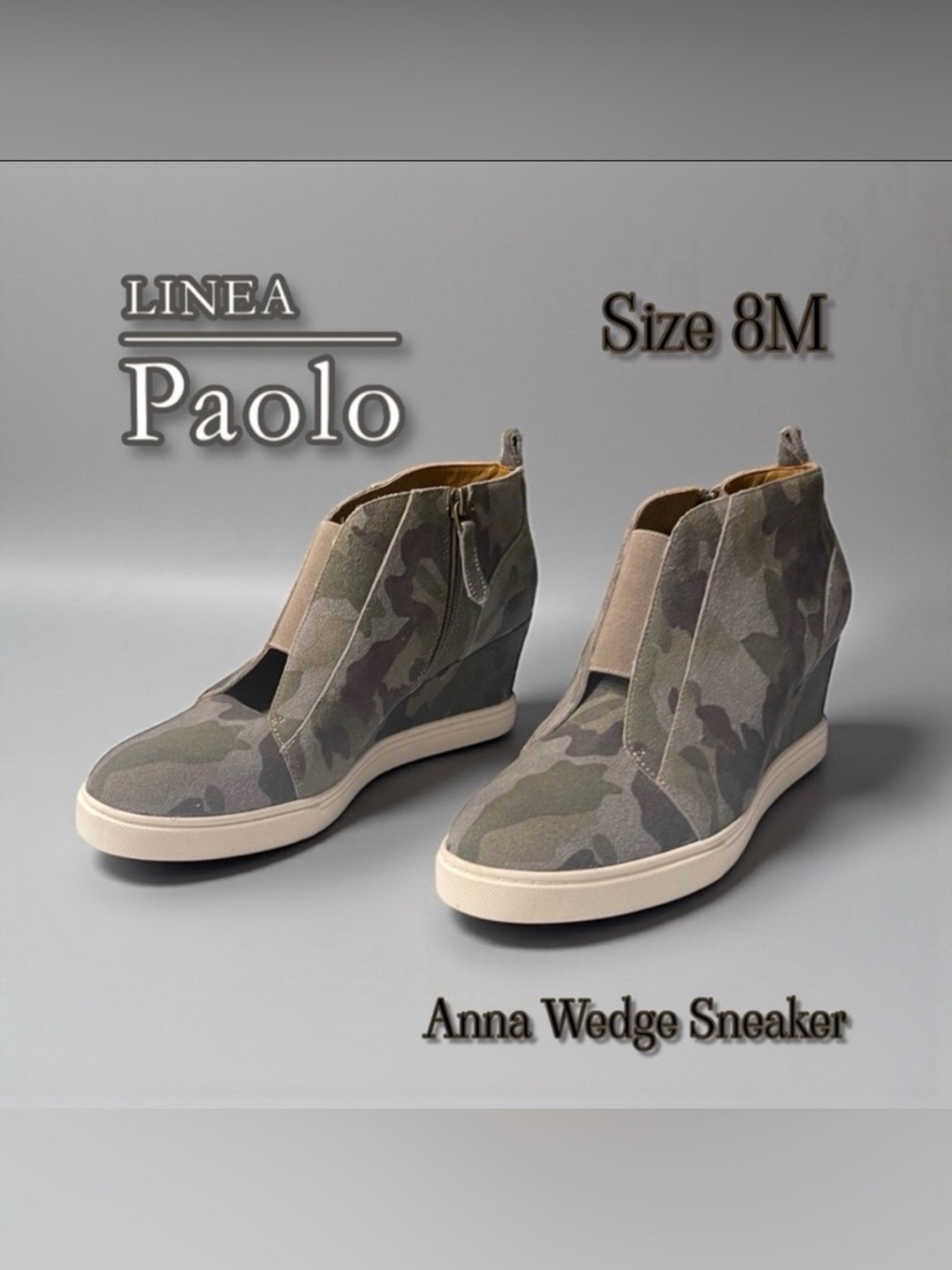 Linea Paolo Anna Camo Suede Wedge Sneaker Booties Size 8M